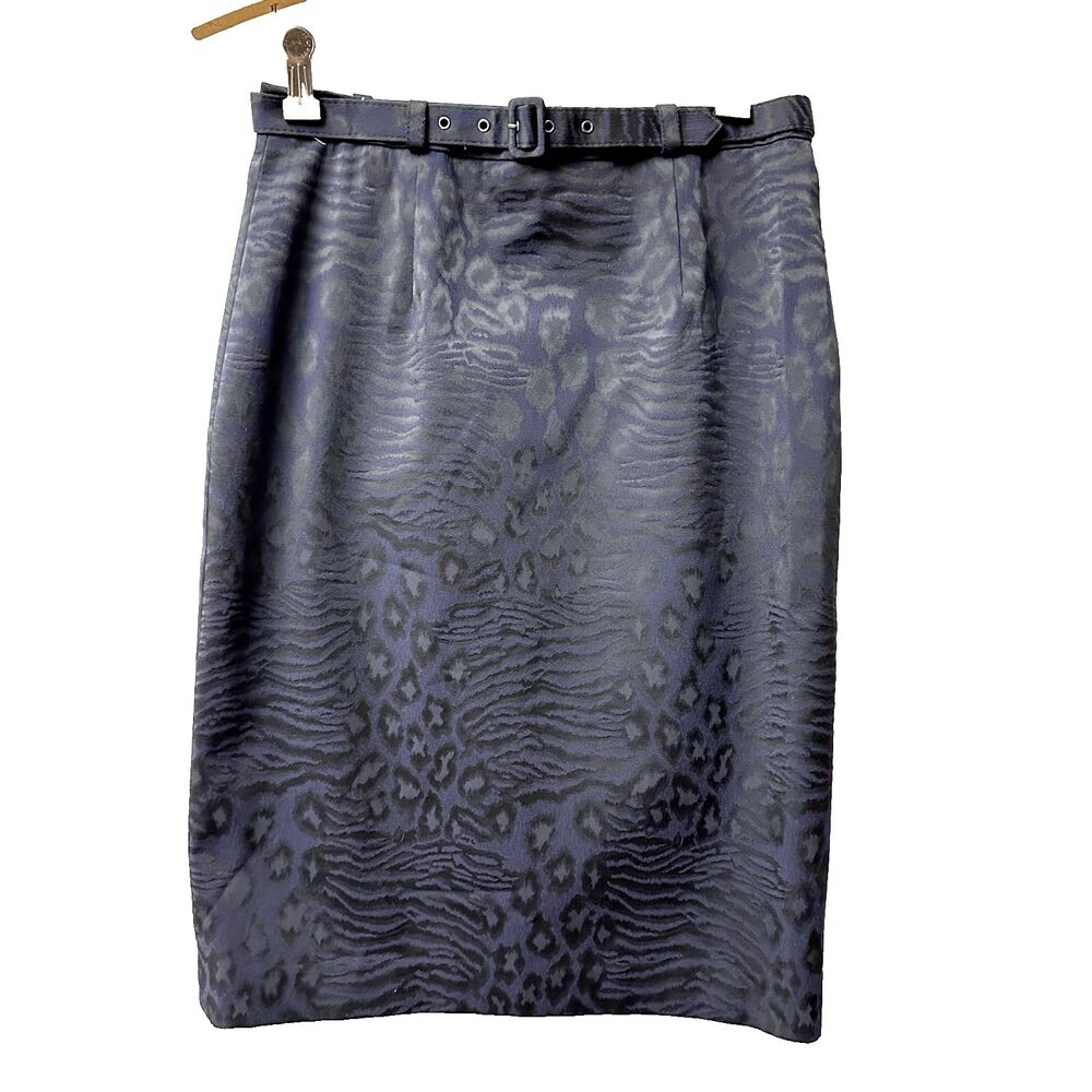 ETCETERA Womens Leopard Print Navy Blue Knee Length Belted Pencil Skirt SZ 2